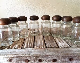 Vintage Set of 8 Spice Bottles with Faux Bois Lids