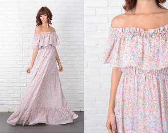 Vintage 70s Beige Boho Dress Hippie Maxi Pink Floral Print XS Small Off Shoulder 9453