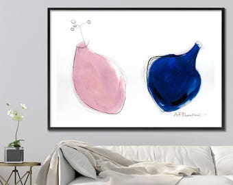Large Abstract print of Mason Jars, 28X40 from Acrylic Painting, Giclee Print, Pink Painting, Blue kitchen art