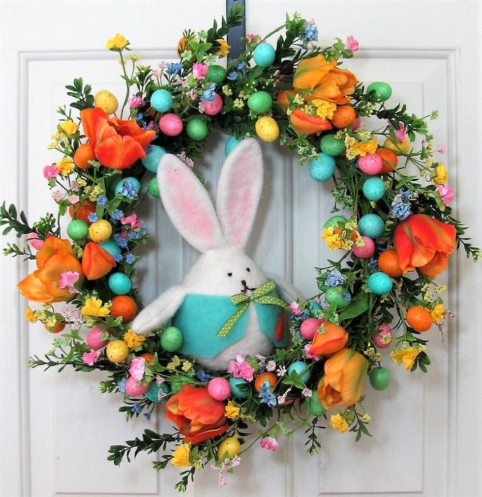 READY TO SHIP - Easter Bunny Wreath - Front Door Wreath - Spring Tulip Wreath - Spring Wreaths - Spring Decorations - Easter Egg Wreath