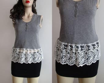 Upcycled Clothing for Women, Women Top, Lace Extender Top, Grey Chic Top, XS, S, Summer Top, Boho Top, Lace Top, Womens Blouse, Cream Top.