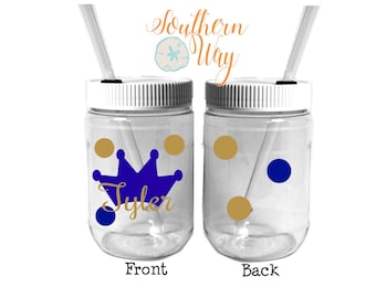 Plastic Mason Jar Cups - kids party favor - birthday party favor - paper straw - mason jar favor - Crown - Baby Shower - Boys party
