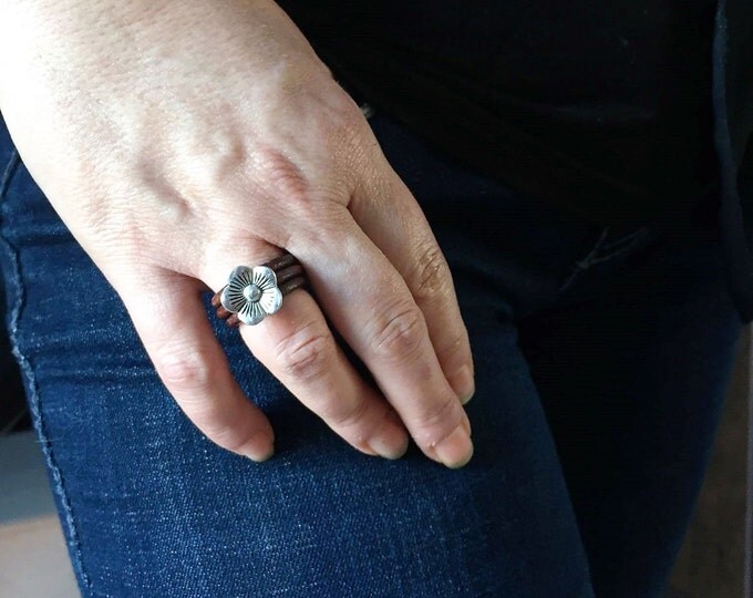 Bohemian ring,boho ring,Flower ring,leather ring,women ring,bohemian jewelry,Women Leather ring with flower charm,feminine ring,leather ring