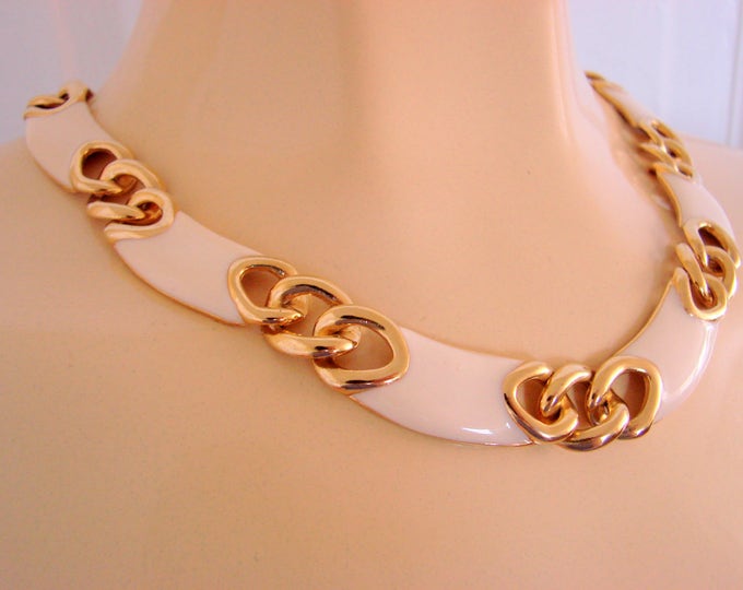 1980s Retro Creamy White Modernist Enamel & Goldtone Link Necklace / Vintage Jewelry / Jewellery