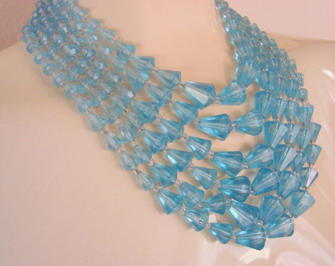 Vintage Sky Blue Lucite Faux Crystal Bead Bib Necklace / Multi Strand / Jewelry / Jewellery