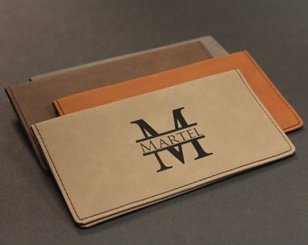 Personalized Faux Leather Checkbook Cover, Split Letter Monogram, Check Book Pocket, Engraved Checkbook Cover, Check Book Cover
