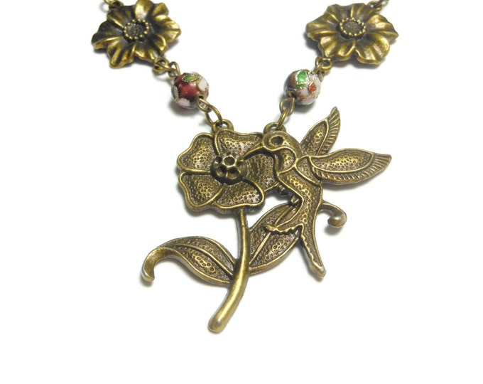 FREE SHIPPING Hummingbird necklace handmade, antiqued bronze flower hummingbird, red floral cloisonne beads and antiqued bronze flower links