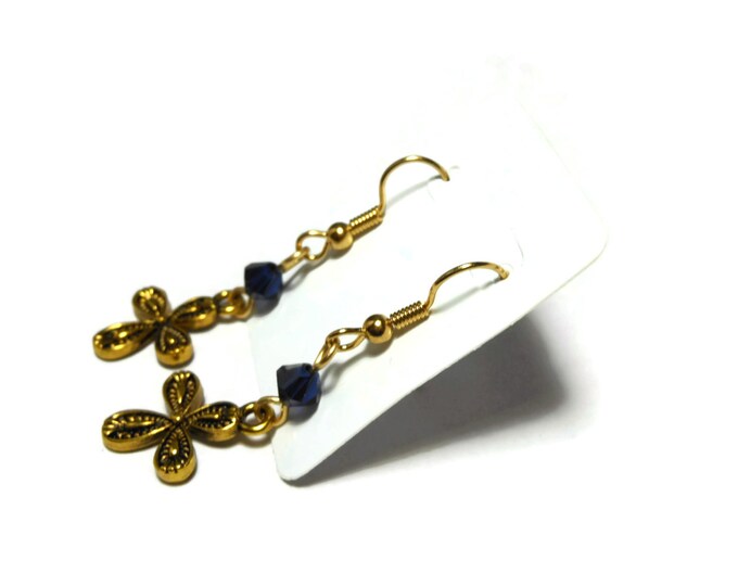FREE SHIPPING Small cross earrings, gold tone ornate crosses, gold plated french wires, sapphire blue Swarovski crystals, dangle earrings