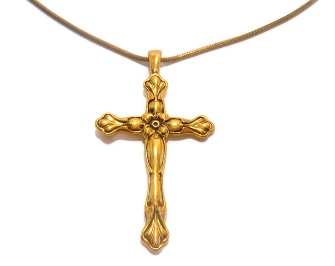 FREE SHIPPING Gold plated cross pendant, detailed antiqued floral cross with gold plated snake chain, large bail, unisex men's woman's