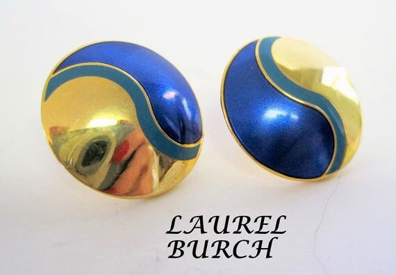 Laurel Burch Earrings - Vintage Pierced Blue - Gold Tone Swirls