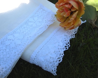 Linen Guest Towels Set of 2 20 1/2"x331/2" Natural Ivory With Two Different White Laces Wedding Gift