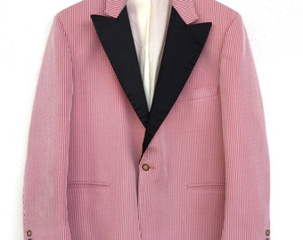 Amazing classic late 1960's Palm Beach Formal Wear red and white polyester seersucker tuxedo jacket