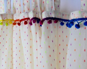LINEN curtain, Cotton Curtain, Pompon, OFFWHITE Linen, Tribal element, window treatment, Neon color, Rustic boho, Shabby Chic, natural