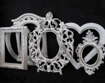 Six White Ornate Picture Frames~Vintage Shabby Chic Picture Frame Lot~Romantic Wedding Frames Gallery Wall Nursery Cottage Chic Victorian