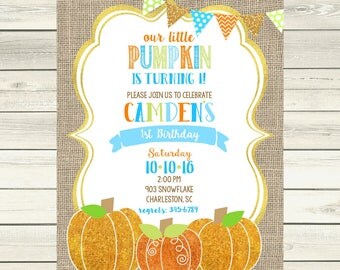 12 Pumpkin Birthday Party invitations -boys- glitter pumpkin our little pumpkin is turning one - any age