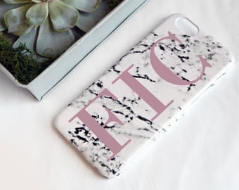 Marble print phone case with large pink initials - iPhone 7PLUS case, Samsung 8 case, Samsung 8PLUS case, iPhone SE case, marbled phone case