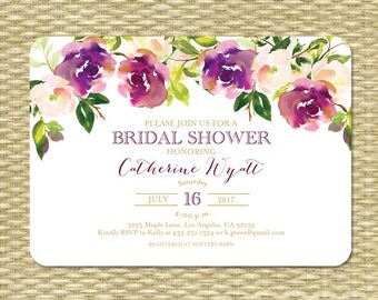 Printable Bridal Shower Invitation Wedding Shower Invite Watercolor Floral Burgundy Gold Purple Floral Bridal Tea Garden Party ANY EVENT