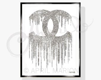 DIGITAL Coco Chanel Drip Logo Print | Fashion Illustration, Silver Glitter, Handmade Drawing, Art, Download Painting, Designer Decor, Women
