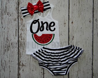 Watermelon First birthday- White Tank top with Watermelon- 1 st Birthday Outfit- Baby Girl Clothing-Summer tank top- Striped Bloomers set