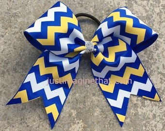 2.25"x6"x6" Sports sized Cheer Bow Royal Blue, Gold and White Chevron