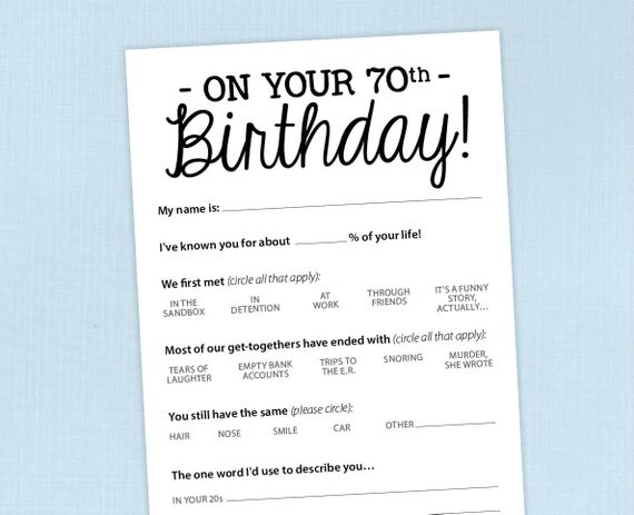70th Birthday Party Game Card Funny Milestone Printable PDF