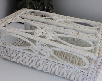Shabby Chic, Beach Chic, 1960s Vintage Tissue Box cover , White Woven wicker with celtic knot on top