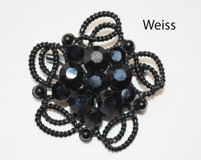 Weiss Brooch - Black Rhinestone Flower brooch - Japanned enameling - Floral pin