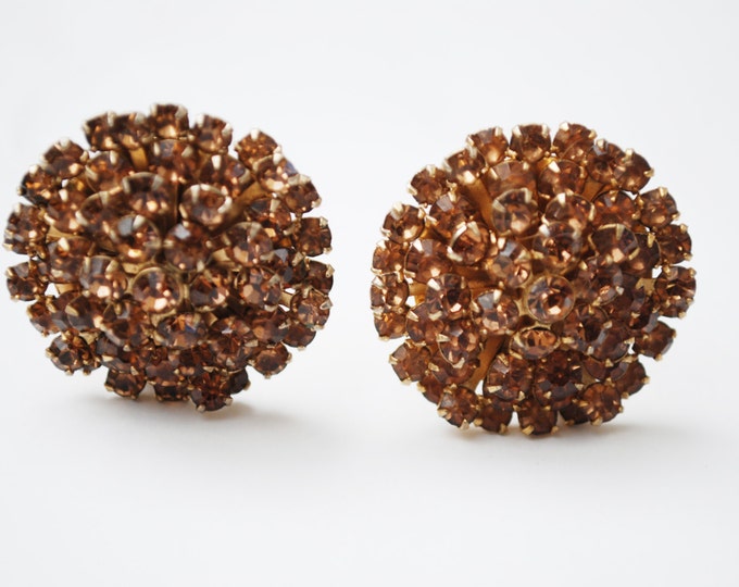 Weiss Rhinestone Earrings - Brown Orange Crystal - Gold tone - domed Round - clip on earrings