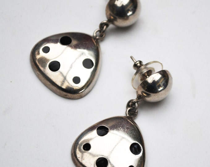 Sterling Mexico Dangle earrings - pierced silver earring - black enamel polka dots