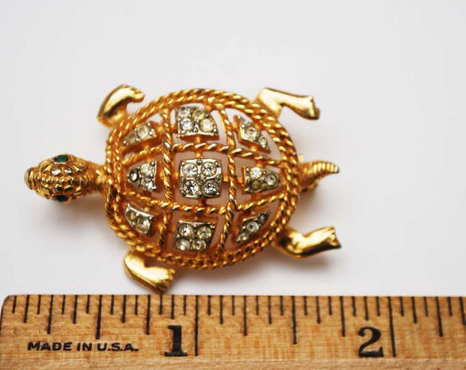 Turtle Brooch - Signed KJL - Rhinestone - Gold - Kennith Jay Lane - figurine pin