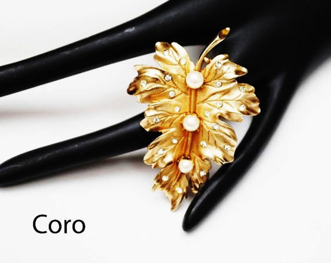 Coro Leaf Brooch - Gold - Rhinestone - White Pearls - Signed pin