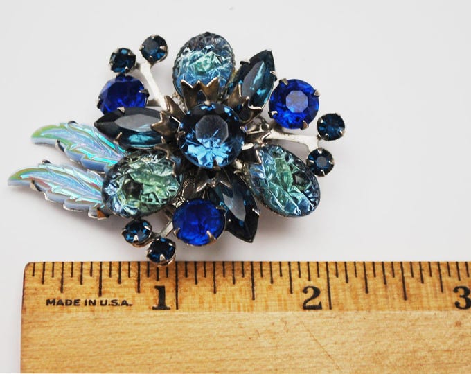 Blue Rhinestone Flower Brooch - Givre stones, Lava molded glass - Shades of blue Art Glass- Floral Mid century Pin