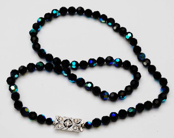 Black Facet cut glass bead necklace - Aurora Borealis -Silver rhinestone Clasp - 25 inches