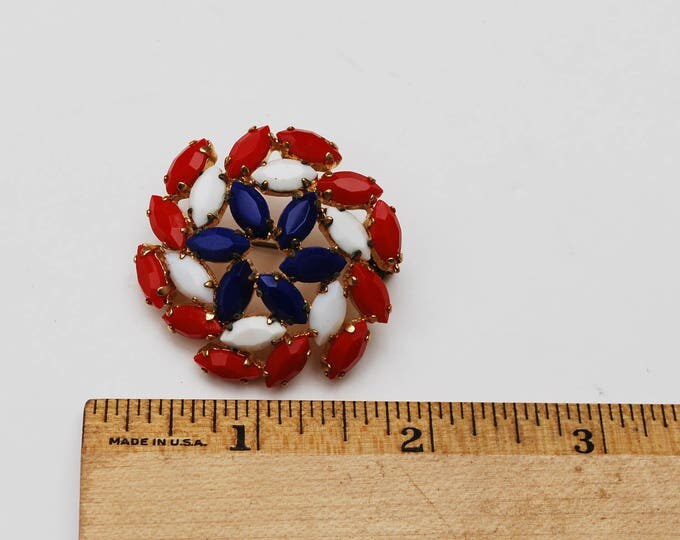 Red White blue Brooch - Colorful Glass Rhinestone - Patriotic - Mid Century - Circle Pin wheel Flower pin