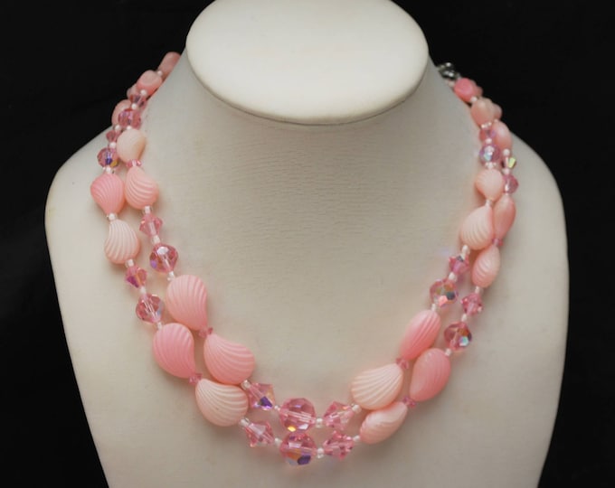 Double Strand Pink Bead Necklace - Crystal glass - Vintage plastic Shell -Rhinestone - Mid century