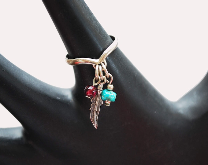 Sterling ring - Dangle Gemstone beads - Signed - turquoise Garnet- feather - size 6 ring -South Western - Native American