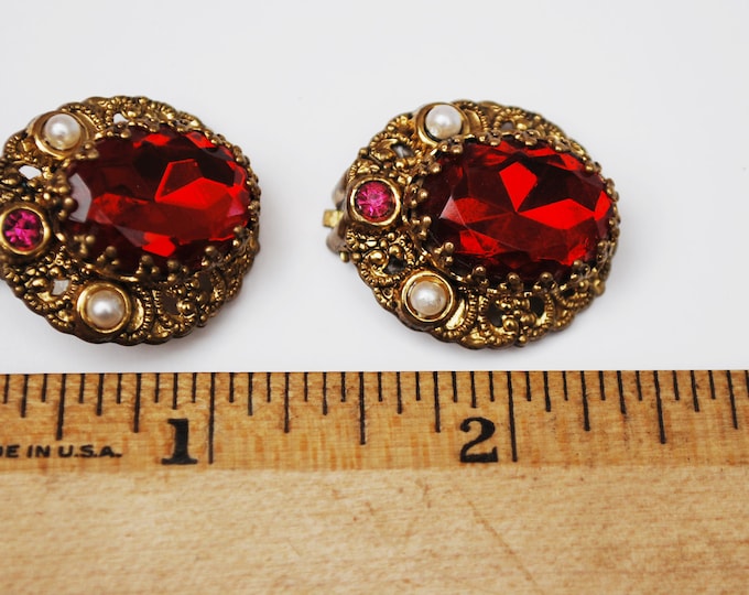 Red Crystal Earrings - West Germany - Clip on earring - red rhinestone - white pearl