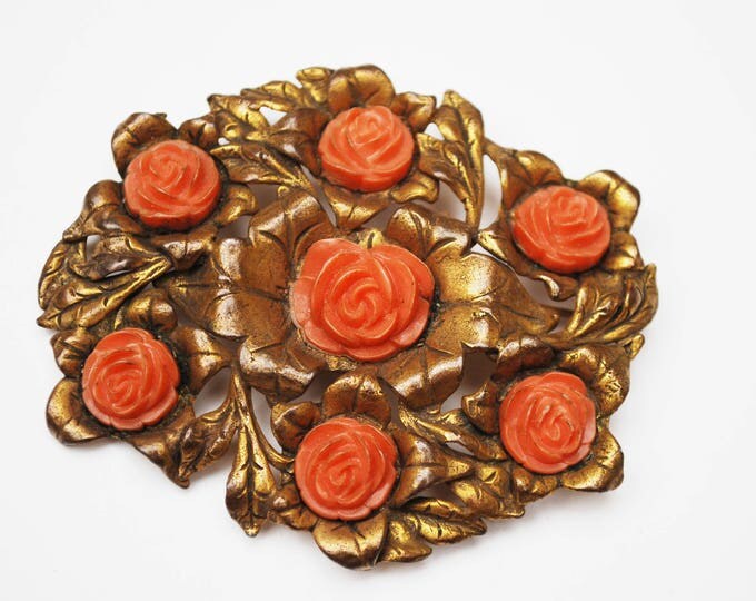 Large Coral celluloid flower Brooch - Golden Brass - leaf Floral - Art Nouveau Pin