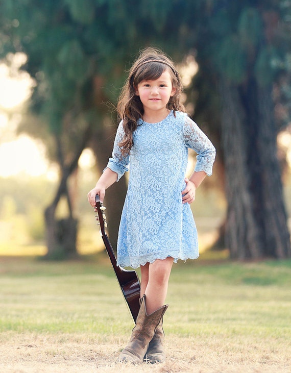 Ship- Light Blue Lace Dress- 3/4 sleeve, Flower Girl, Ivory, Wedding, Outfit, Birthday, Girl, Toddler, country, rustic dress