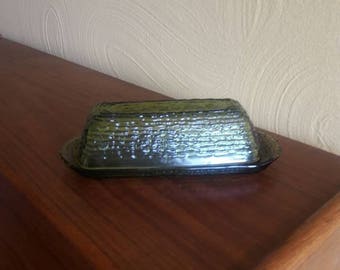 Vintage Anchor Hocking Sereno Avocado Green Covered Butter Dish Rare