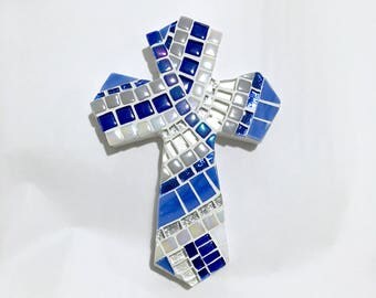 Baptism Gift for Boy, Blue White Gray Mosaic Wall Cross, Confirmation Gift, Gift Godson, Baptism Gift, Catholic Home Decor, Nursery Cross