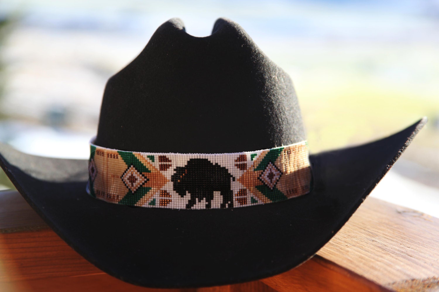 Buffalo Bison Native American Style Wide Hat Band Beaded