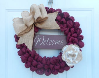 Welcome wreath Welcome burlap wreath Burlap Welcome wreath country burlap wreath burgundy burlap Welcome wreath Everyday wreath RTS