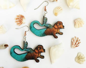 Dachshund Mermaid Earrings | Laser Cut Wood Florida Jewelry | Surgical Steel (Nickle Free) Dangle Earrings | Illustrated Dog Earrings