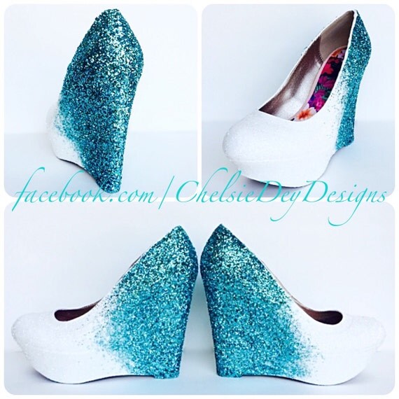 Glitter Wedges Teal White Sparkly Ombre Platform Heel