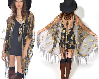 Sheer Lace Sequins Fringe Cocktail Party Kimono Jacket GOLD Coachella Festival