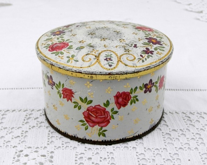 Antique French Metal Tin with Rose Floral Pattern/ Motif, Retro Vintage Shabby Romantic Home Decor, Country Cottage Boudoir Flower Box