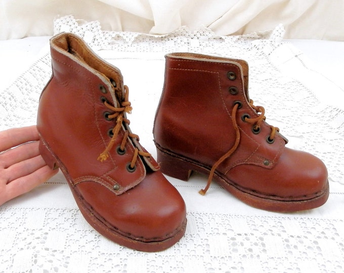 Antique French Traditional Unused Child's Leather and Wooden Shoes "Galoche", French Country Decor, Kitchen, Shabby, Cottage, Chic, Clogs