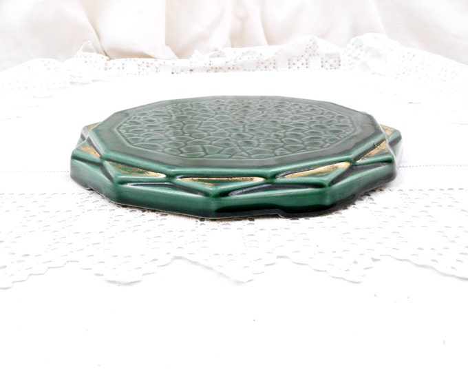 Trivet Hot Plate Heat Mat Antique Art Deco Circa 1930s Made of China Dark Green Glaze with Shabby Gold, Kitchenware, French Decor, Vintage