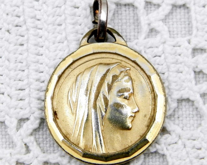 Vintage French Religious Gold Plated Medal Virgin Mary and Apparition at Lourdes in France, Charm, Catholic Religion, Madonna, Our Lady